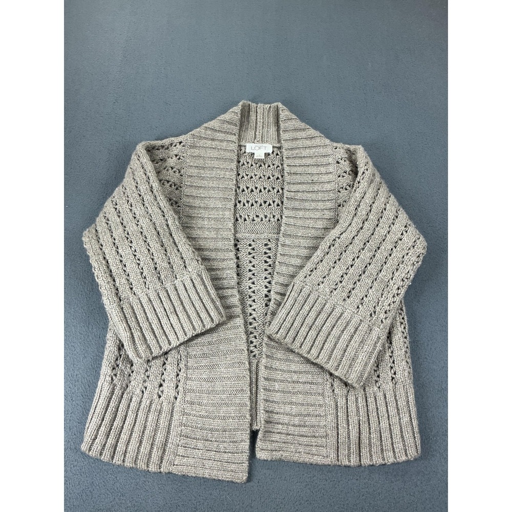 LOFT Cardigan Womens Small Gray Wool Acrylic Chunky Open Collared Sweater